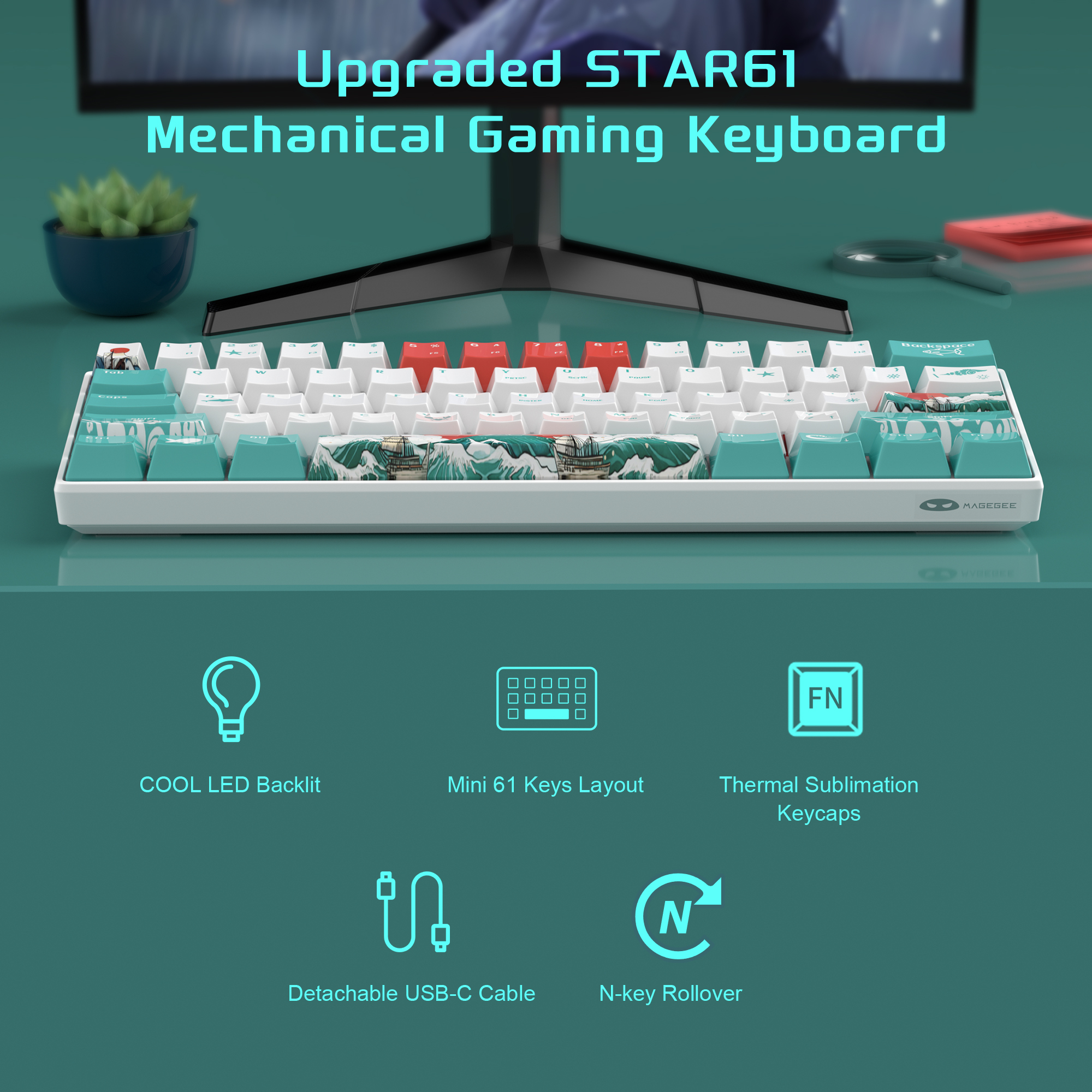 MageGee Star61 Waves %60 Hot-Swap Kablolu Mekanik Beyaz Gaming Klavye