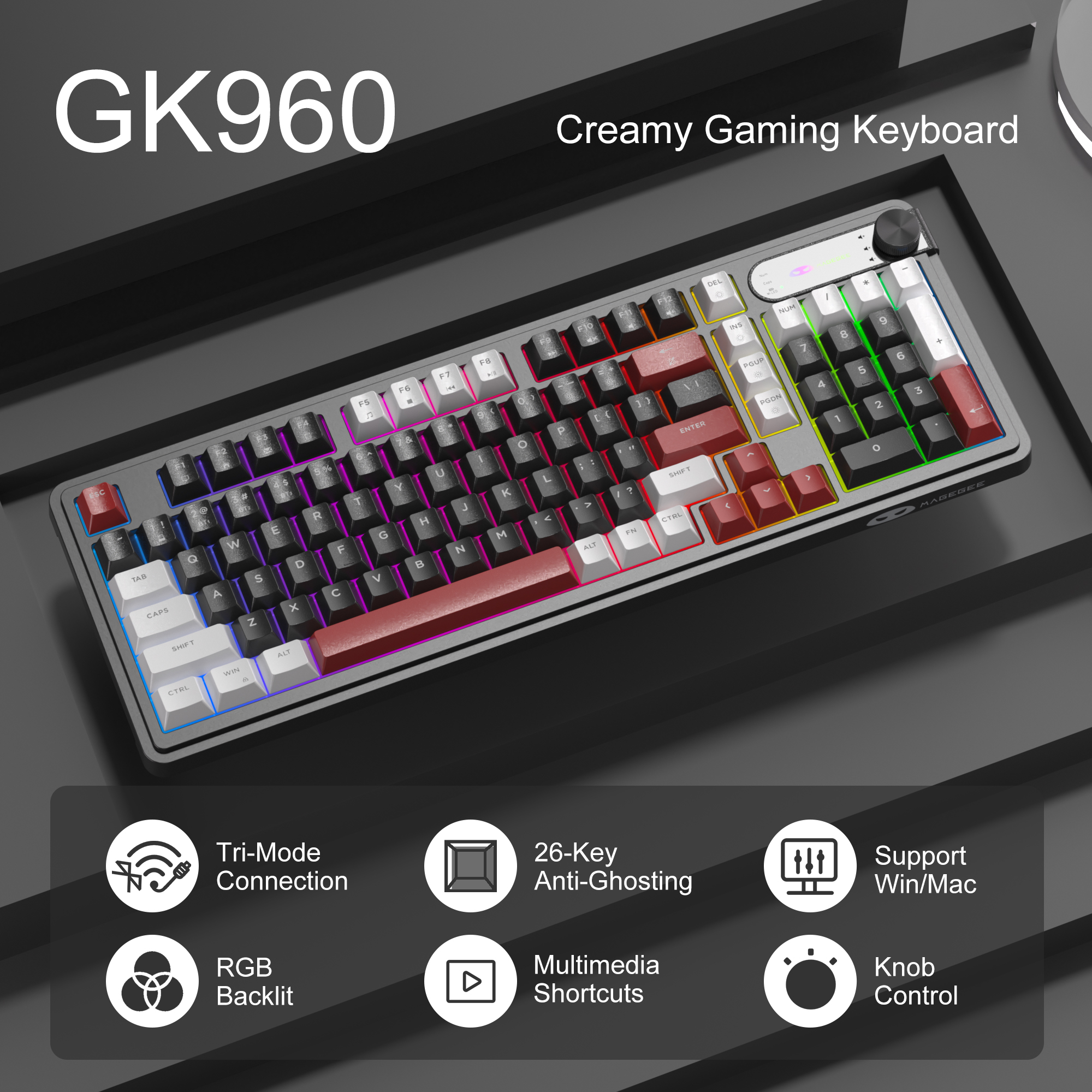 MageGee GK960 Tri-Mode RGB Membran Beyaz Gaming Klavye