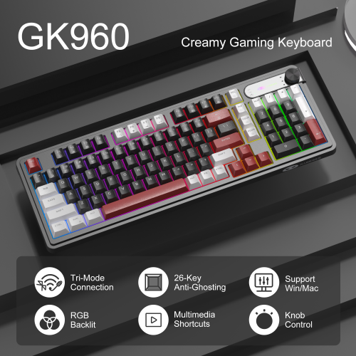 MageGee GK960 Tri-Mode RGB Membran Beyaz Gaming Klavye