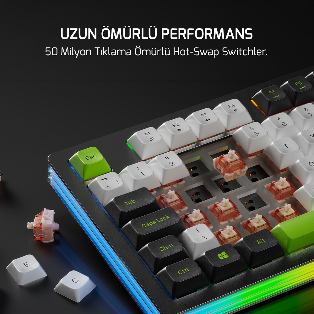 GamePower Nama RGB Mekanik Kablolu, 2.4Ghz, Bluetooth 3 Mod Aliminyum Gaming Klavye