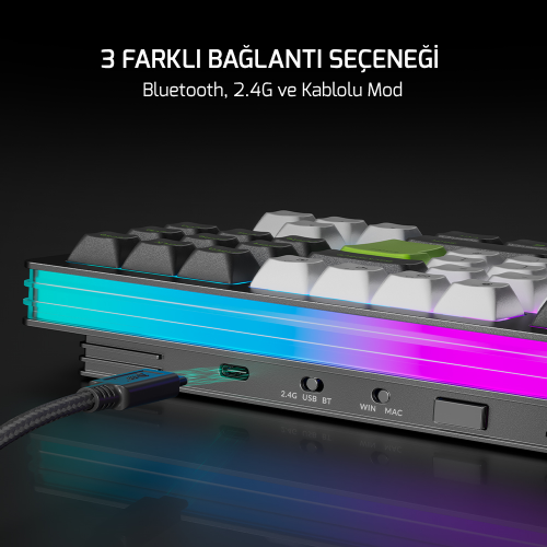GamePower Nama RGB Mekanik Kablolu, 2.4Ghz, Bluetooth 3 Mod Aliminyum Gaming Klavye