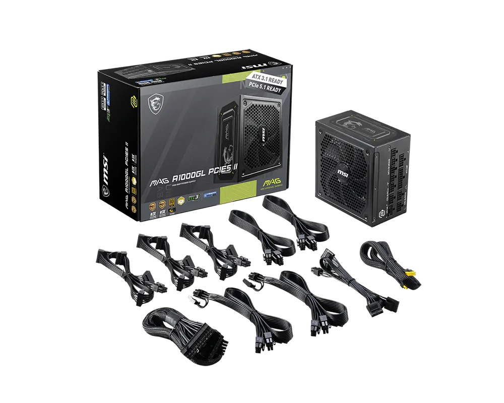 MSI MAG A1000GL PCIE5 II Siyah 1000W 80+ Gold Full Modüler Power Supply