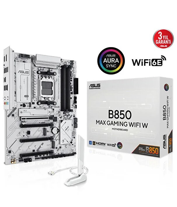 ASUS B850 MAX GAMING WIFI W AMD Soket AM5 B850 DDR5 8000+MT/s (OC) Wi-Fi 6E ATX Anakart (90MB1PR0-M0EAY0)