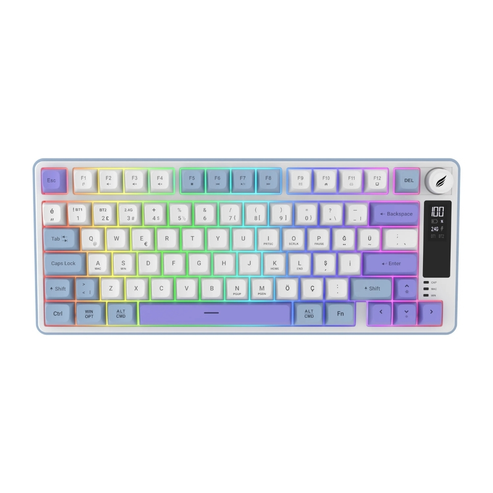 Hawk Gaming HK255BP Membrane LCD RGB Kablosuz/Bluetooth Mavi Mor %75 Türkçe Gaming Klavye