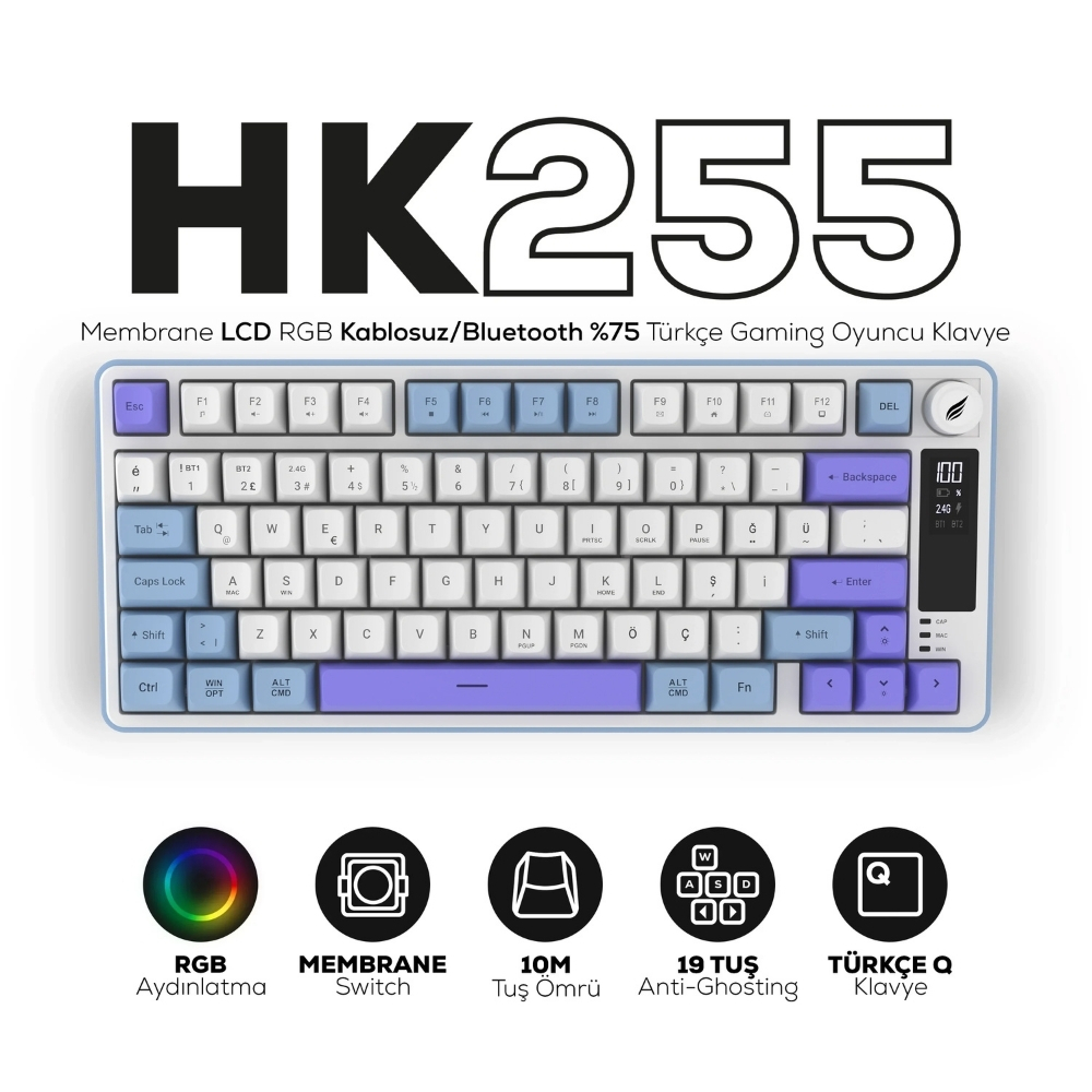 Hawk Gaming HK255BP Membrane LCD RGB Kablosuz/Bluetooth Mavi Mor %75 Türkçe Gaming Klavye