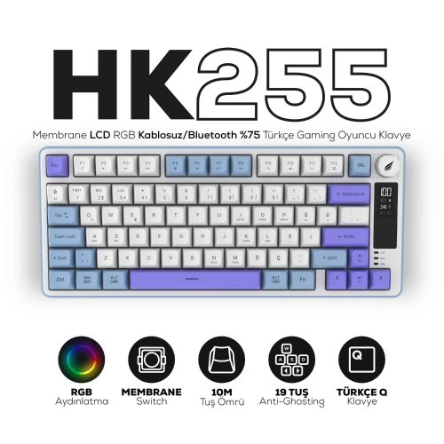 Hawk Gaming HK255BP Membrane LCD RGB Kablosuz/Bluetooth Mavi Mor %75 Türkçe Gaming Klavye