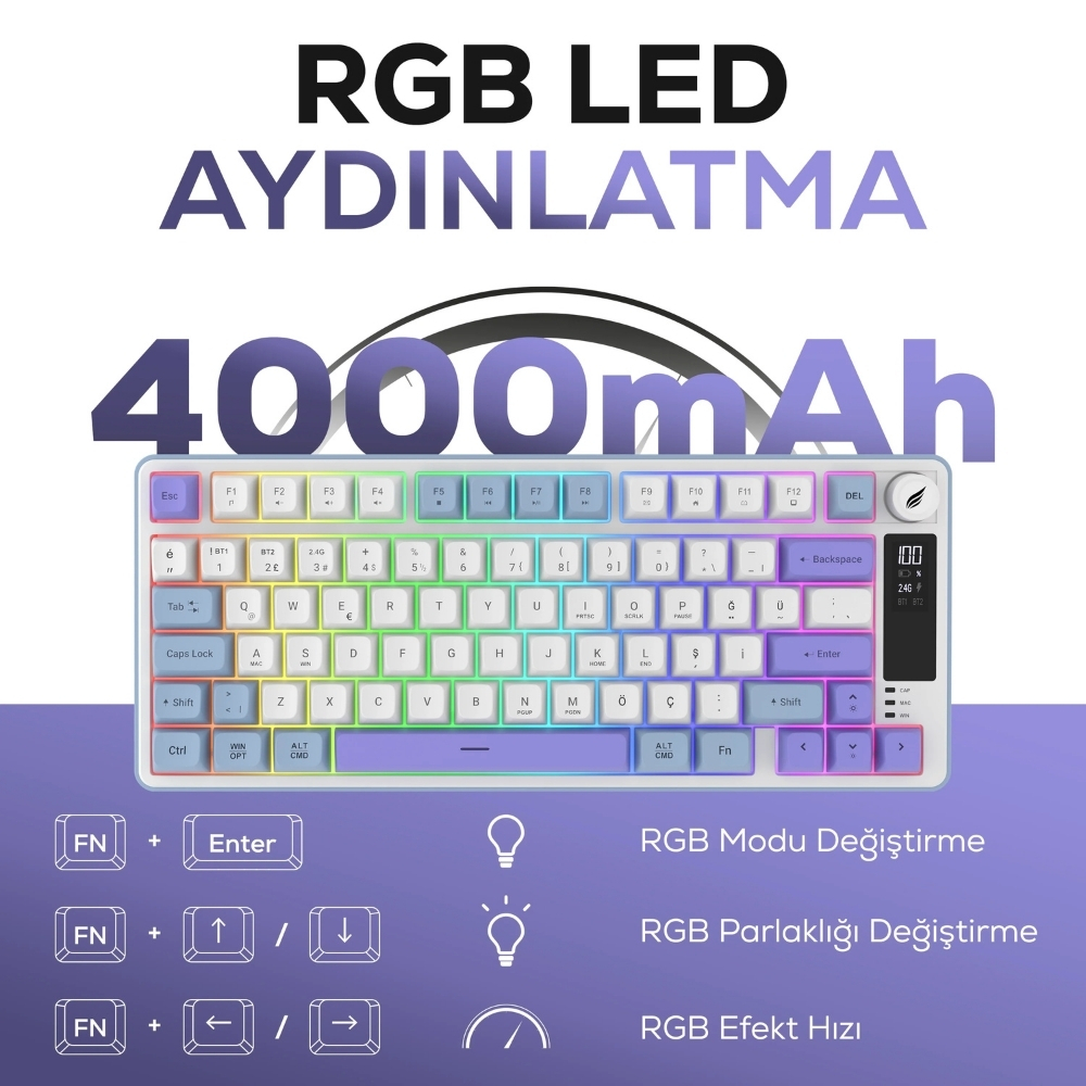 Hawk Gaming HK255BP Membrane LCD RGB Kablosuz/Bluetooth Mavi Mor %75 Türkçe Gaming Klavye