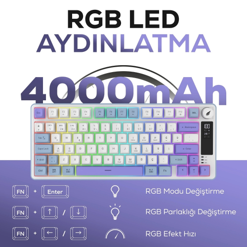 Hawk Gaming HK255BP Membrane LCD RGB Kablosuz/Bluetooth Mavi Mor %75 Türkçe Gaming Klavye
