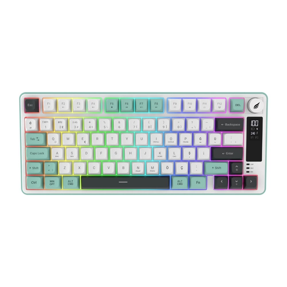 Hawk Gaming HK255WG Membrane LCD RGB Kablosuz/Bluetooth Gri Yeşil %75 Türkçe Gaming Klavye