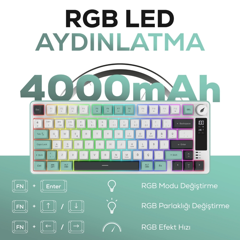 Hawk Gaming HK255WG Membrane LCD RGB Kablosuz/Bluetooth Gri Yeşil %75 Türkçe Gaming Klavye