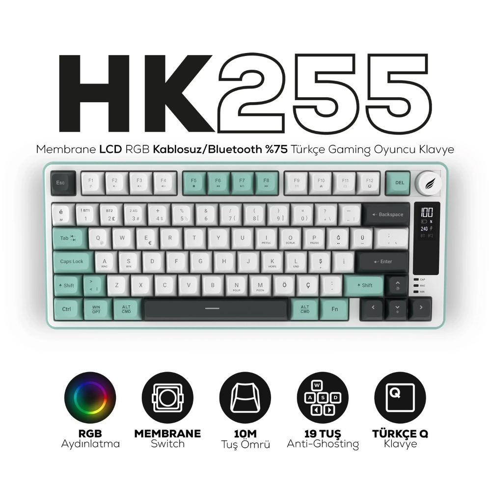 Hawk Gaming HK255WG Membrane LCD RGB Kablosuz/Bluetooth Gri Yeşil %75 Türkçe Gaming Klavye