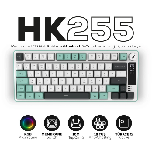 Hawk Gaming HK255WG Membrane LCD RGB Kablosuz/Bluetooth Gri Yeşil %75 Türkçe Gaming Klavye