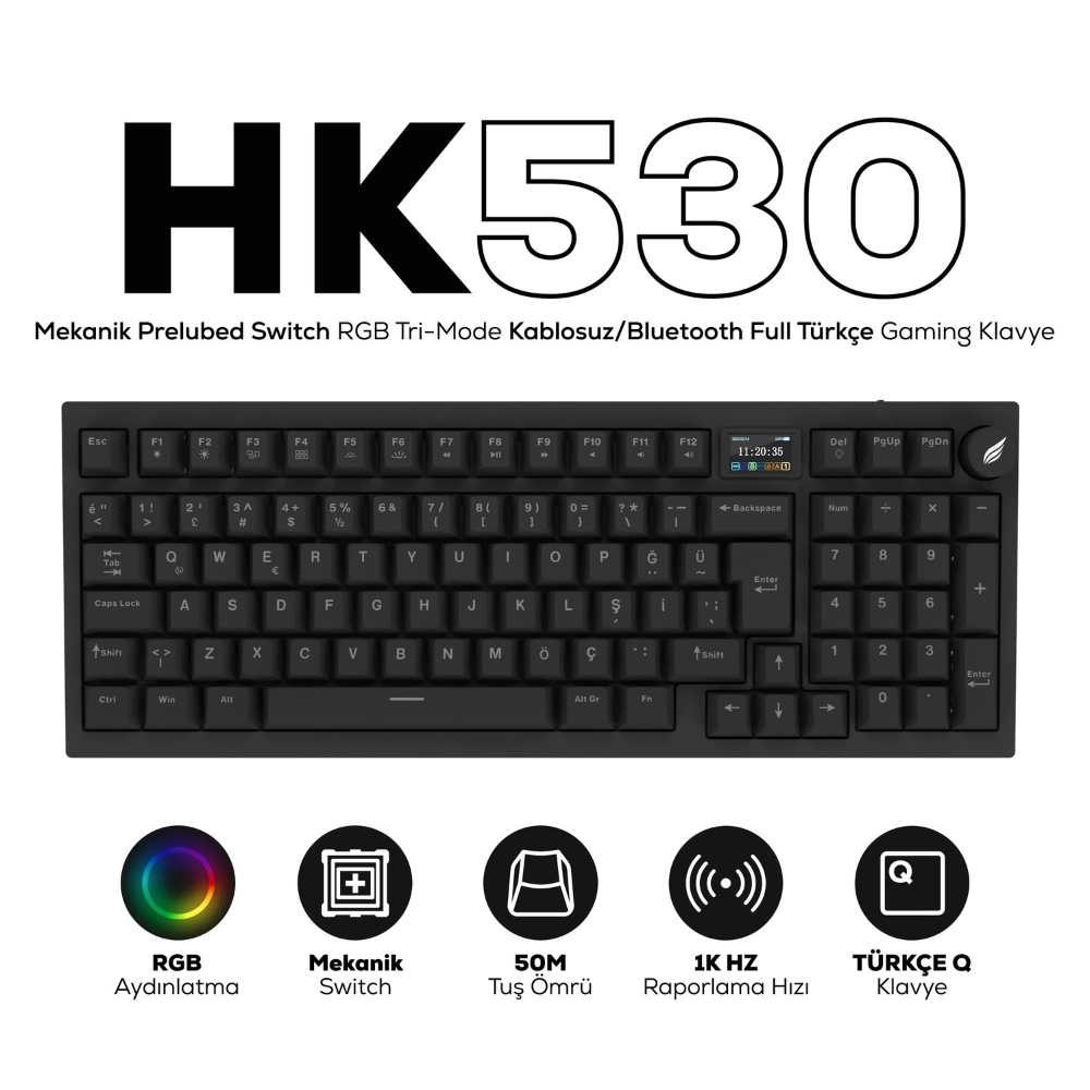 Hawk HK530 Mekanik Prelubed Switch RGB Tri-Mode Kablosuz/Bluetooth Full Türkçe Gaming Klavye