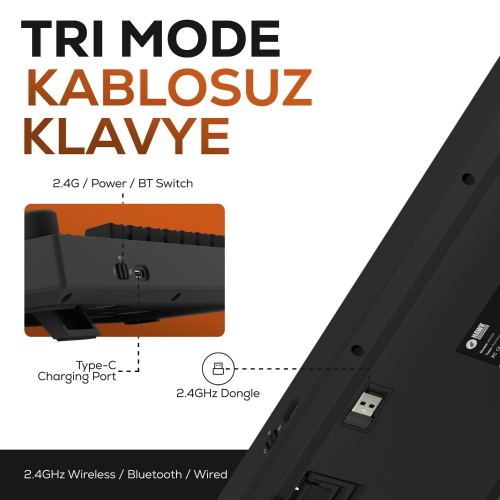 Hawk HK530 Mekanik Prelubed Switch RGB Tri-Mode Kablosuz/Bluetooth Full Türkçe Gaming Klavye