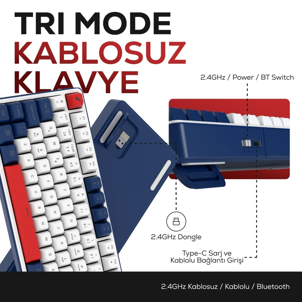 Hawk Gaming HK257 Membrane LCD RGB Kablosuz/Bluetooth Kırmızı Mavi Full Türkçe Gaming Klavye