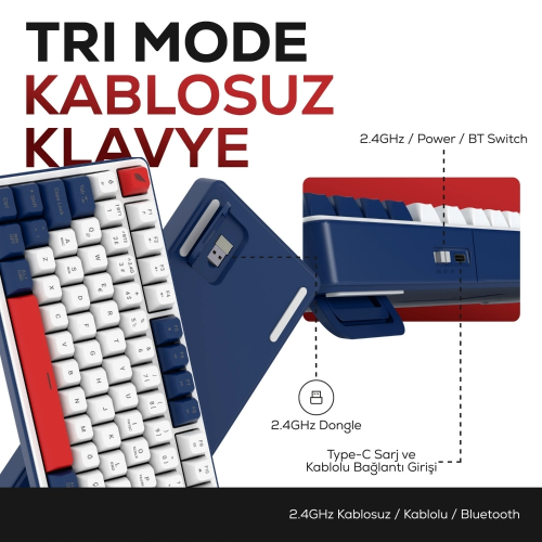 Hawk Gaming HK257 Membrane LCD RGB Kablosuz/Bluetooth Kırmızı Mavi Full Türkçe Gaming Klavye