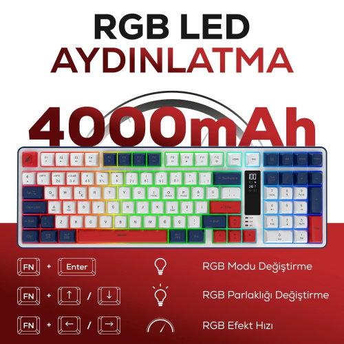 Hawk Gaming HK257 Membrane LCD RGB Kablosuz/Bluetooth Kırmızı Mavi Full Türkçe Gaming Klavye