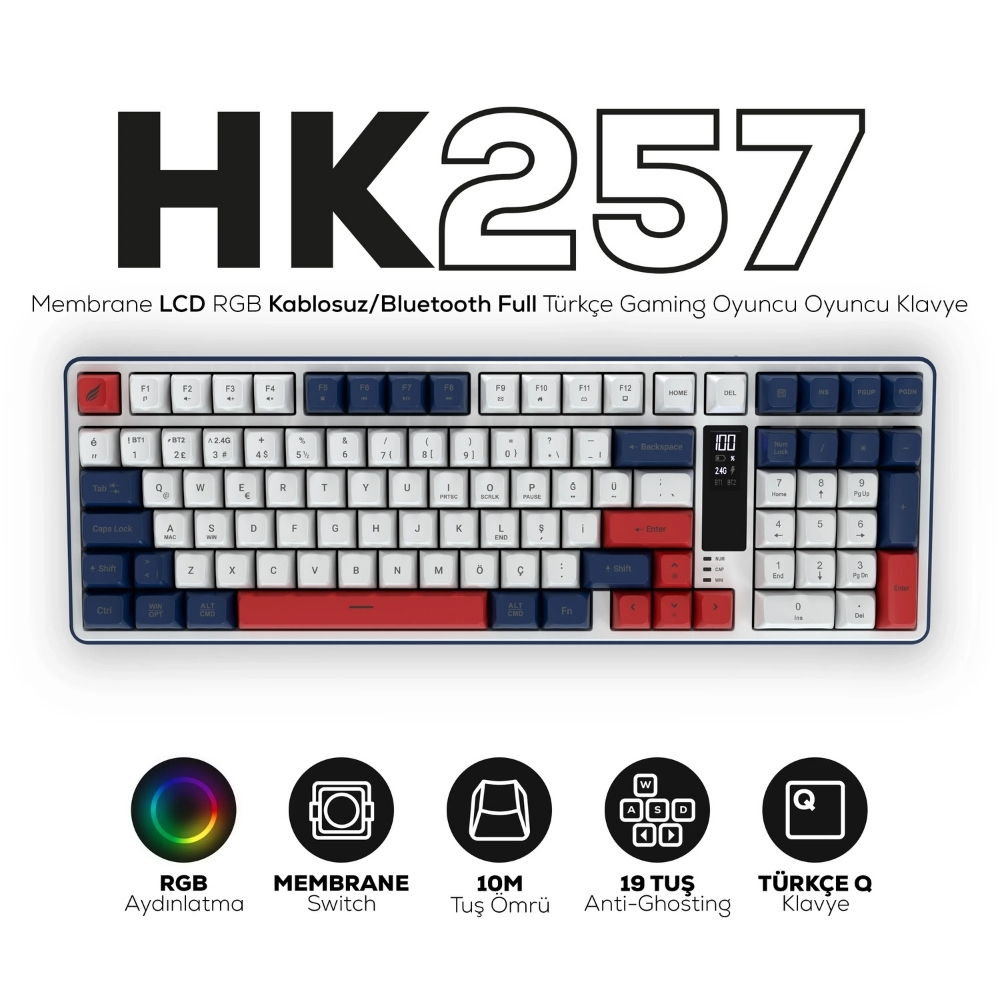 Hawk Gaming HK257 Membrane LCD RGB Kablosuz/Bluetooth Kırmızı Mavi Full Türkçe Gaming Klavye
