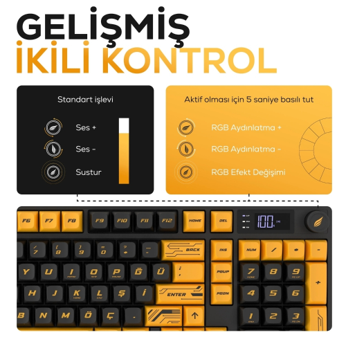 Hawk Gaming HK258CY Membrane LCD RGB Kablosuz/Bluetooth Cyber Sarı Siyah Full Türkçe Gaming Klavye