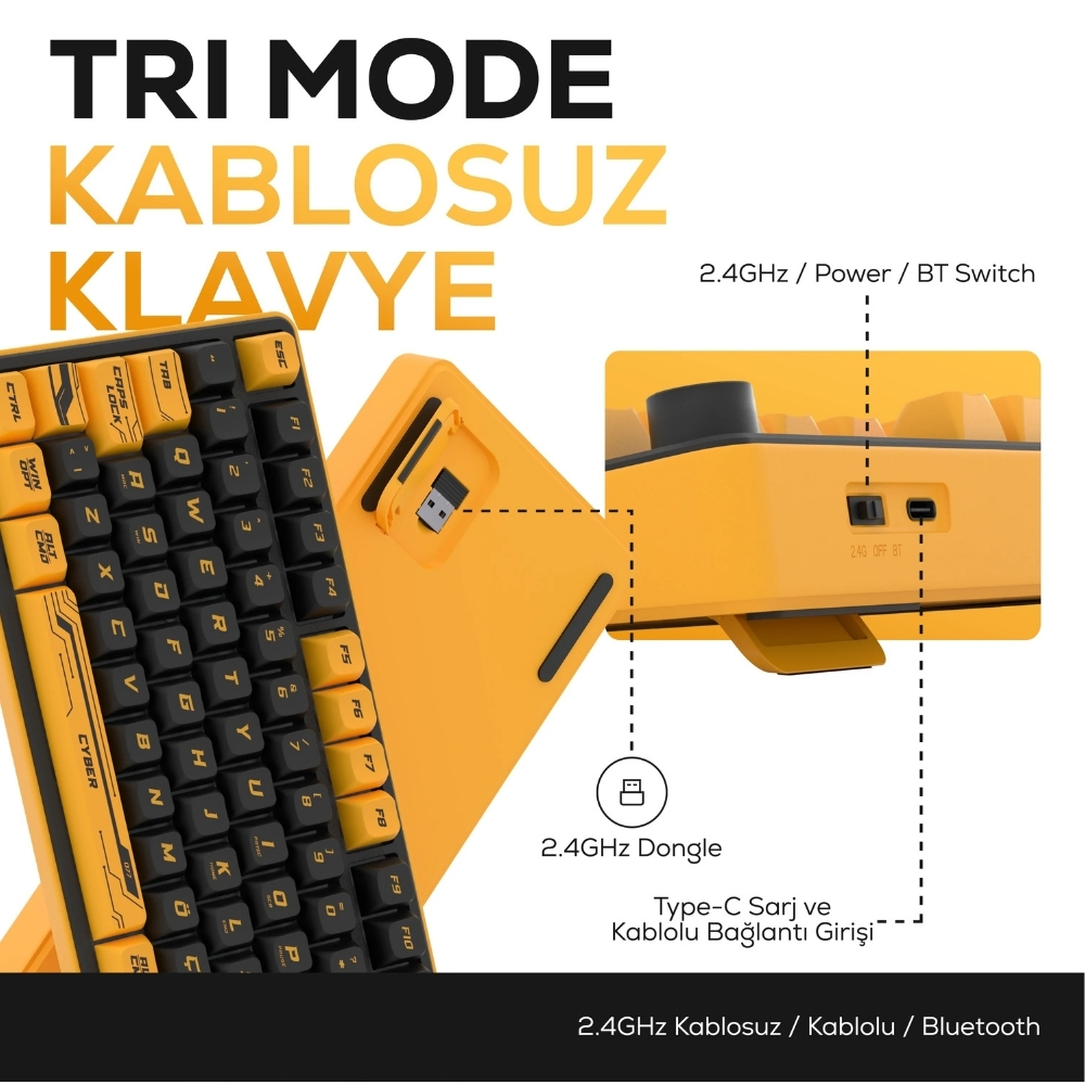 Hawk Gaming HK258CY Membrane LCD RGB Kablosuz/Bluetooth Cyber Sarı Siyah Full Türkçe Gaming Klavye