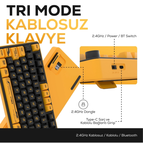 Hawk Gaming HK258CY Membrane LCD RGB Kablosuz/Bluetooth Cyber Sarı Siyah Full Türkçe Gaming Klavye