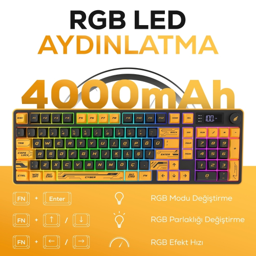 Hawk Gaming HK258CY Membrane LCD RGB Kablosuz/Bluetooth Cyber Sarı Siyah Full Türkçe Gaming Klavye