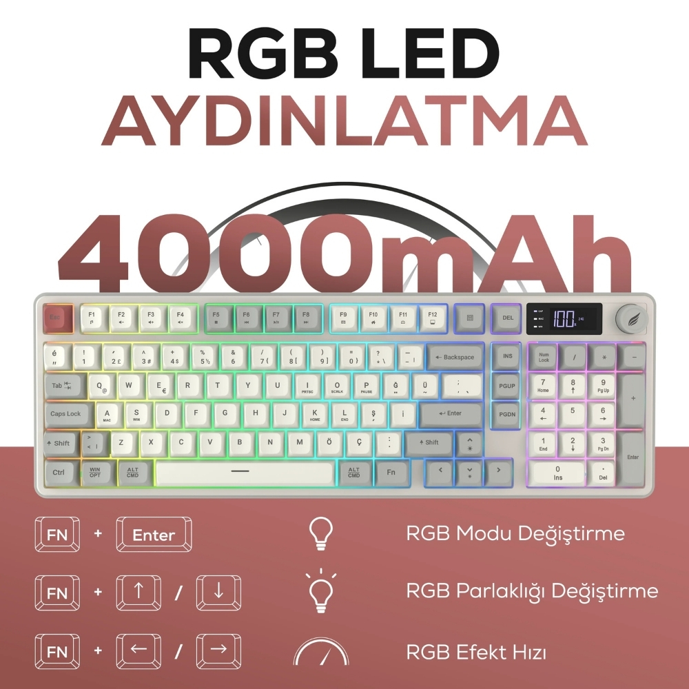 Hawk Gaming HK258RK Membrane LCD RGB Kablosuz/Bluetooth Kırmızı Haki Full Türkçe Gaming Klavye