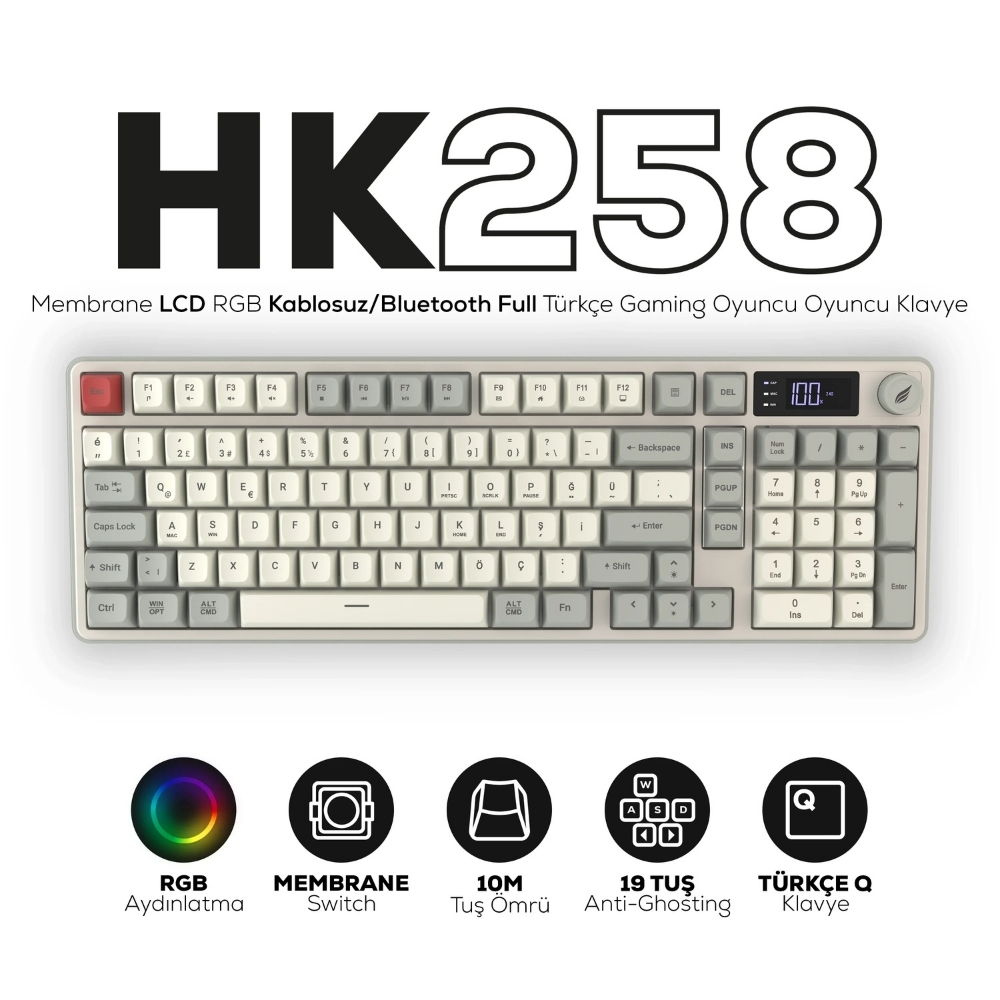 Hawk Gaming HK258RK Membrane LCD RGB Kablosuz/Bluetooth Kırmızı Haki Full Türkçe Gaming Klavye
