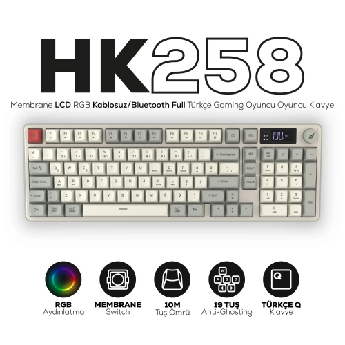 Hawk Gaming HK258RK Membrane LCD RGB Kablosuz/Bluetooth Kırmızı Haki Full Türkçe Gaming Klavye