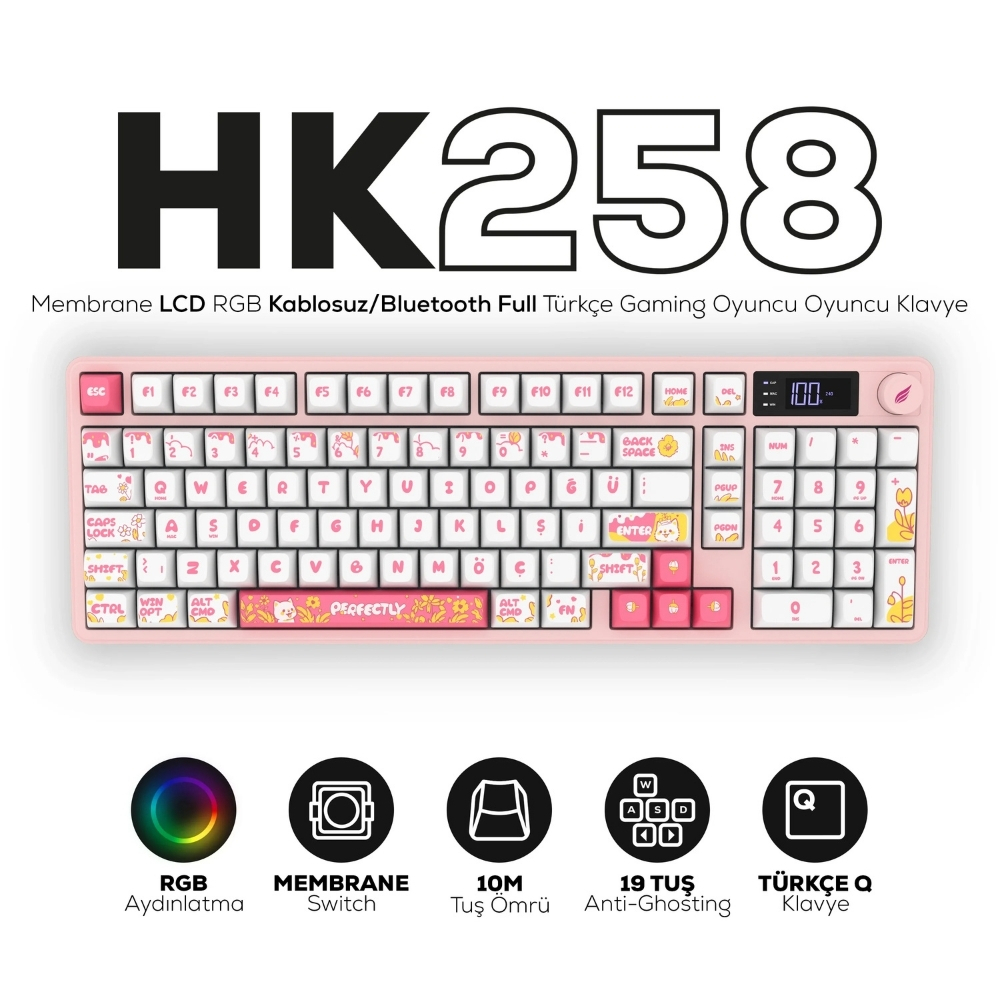 Hawk Gaming HK258WP Membrane LCD RGB Kablosuz/Bluetooth Beyaz Pembe Full Türkçe Gaming Klavye