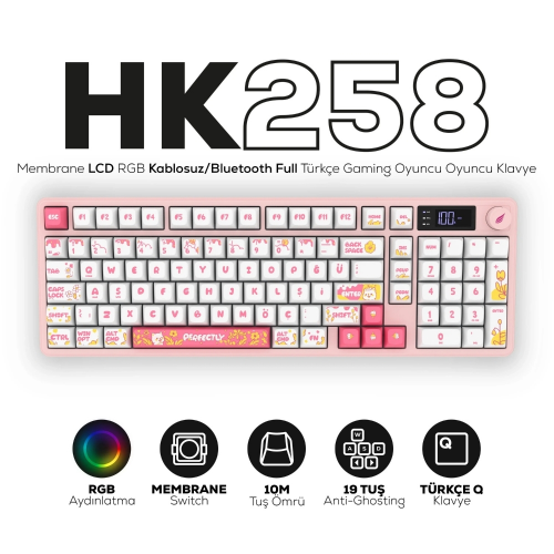 Hawk Gaming HK258WP Membrane LCD RGB Kablosuz/Bluetooth Beyaz Pembe Full Türkçe Gaming Klavye