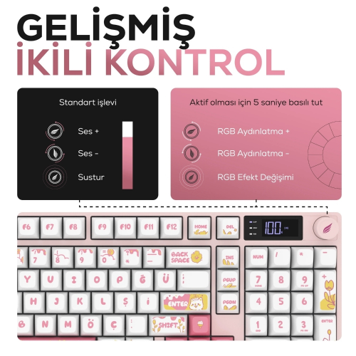 Hawk Gaming HK258WP Membrane LCD RGB Kablosuz/Bluetooth Beyaz Pembe Full Türkçe Gaming Klavye