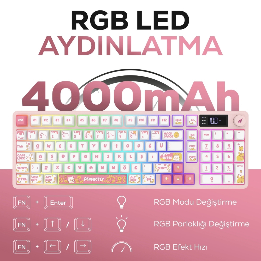 Hawk Gaming HK258WP Membrane LCD RGB Kablosuz/Bluetooth Beyaz Pembe Full Türkçe Gaming Klavye
