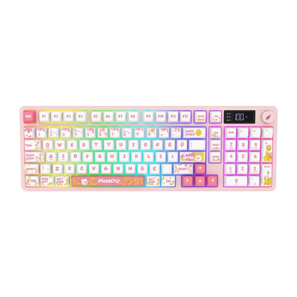 Hawk Gaming HK258WP Membrane LCD RGB Kablosuz/Bluetooth Beyaz Pembe Full Türkçe Gaming Klavye