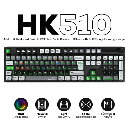 Hawk HK510 Mekanik Prelubed Switch RGB Tri-Mode Kablosuz/Bluetooth Full Türkçe Gaming Klavye