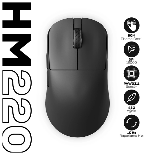 Hawk Gaming HM220 1K Hz 12000 DPI Tri-Mode Kablosuz/Bluetooth Siyah Gaming Mouse