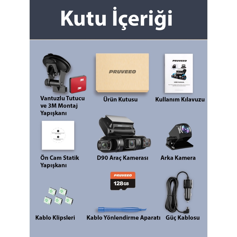 Pruveeo D90-4CH FHD Wi-Fi GPS Araç Kamerası + 128GB SD Kart
