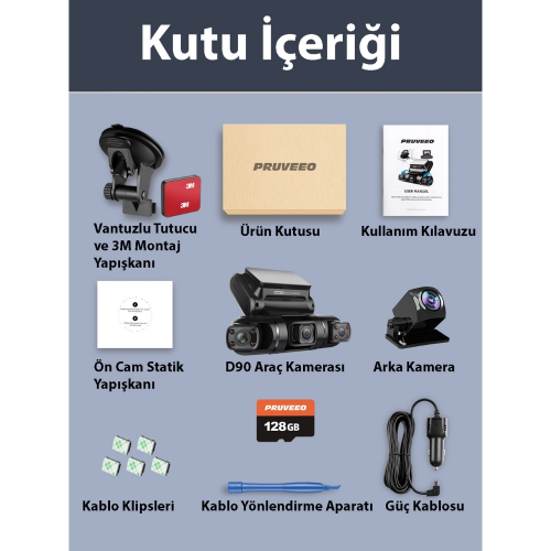 Pruveeo D90-4CH FHD Wi-Fi GPS Araç Kamerası + 128GB SD Kart