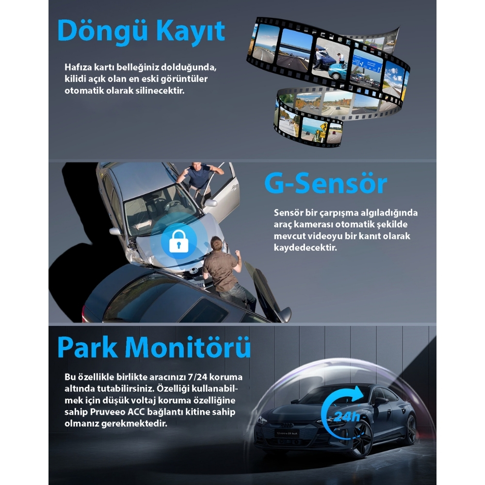 Pruveeo D90-4CH FHD Wi-Fi GPS Araç Kamerası + 128GB SD Kart