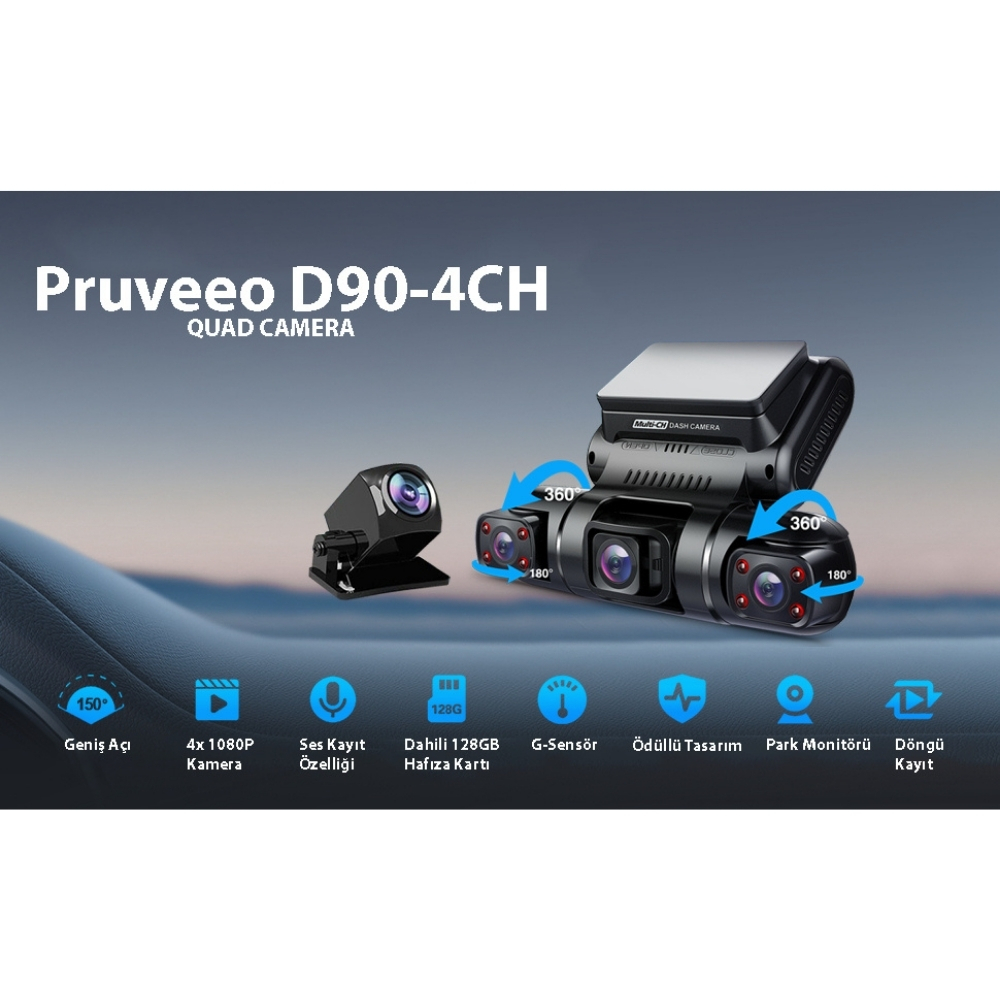 Pruveeo D90-4CH FHD Wi-Fi GPS Araç Kamerası + 128GB SD Kart
