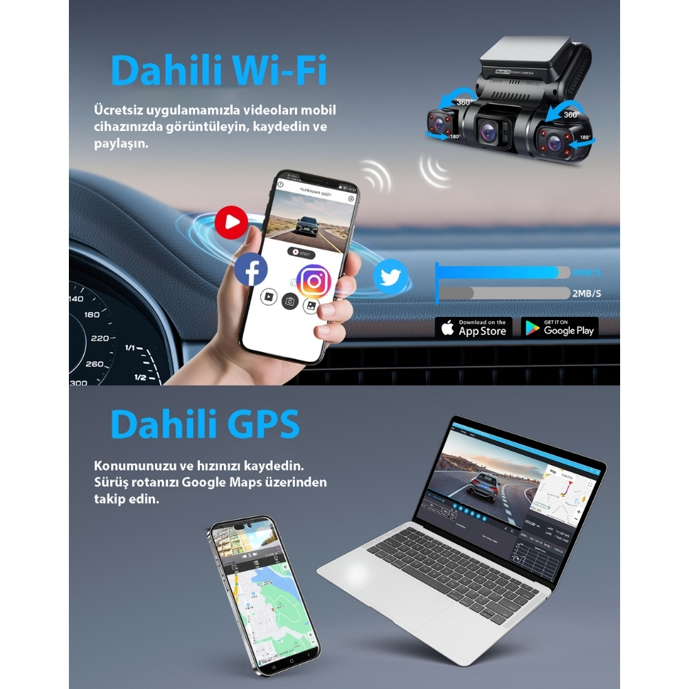 Pruveeo D90-4CH FHD Wi-Fi GPS Araç Kamerası + 128GB SD Kart