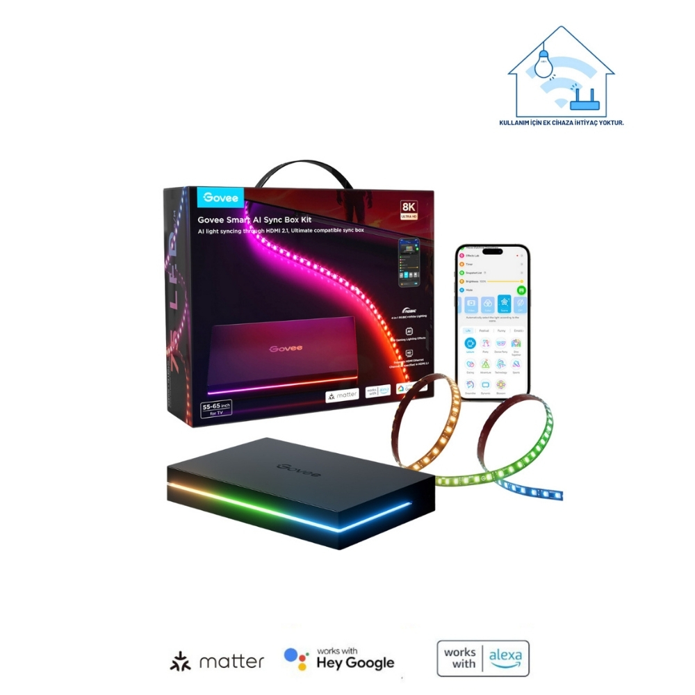 Govee AI 8K Sync Box 2 Sync Box + 2 adet HDMI kablo + LED Şerit 55-65 inç Tüm Tv`ler Uyumludur -H8604C12
