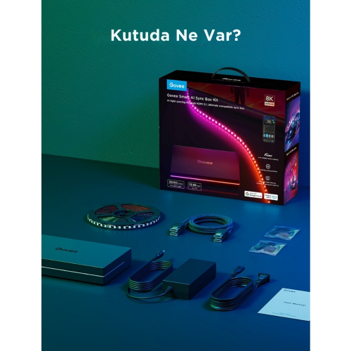 Govee AI 8K Sync Box 2 Sync Box + 2 adet HDMI kablo + LED Şerit 55-65 inç Tüm Tv`ler Uyumludur -H8604C12