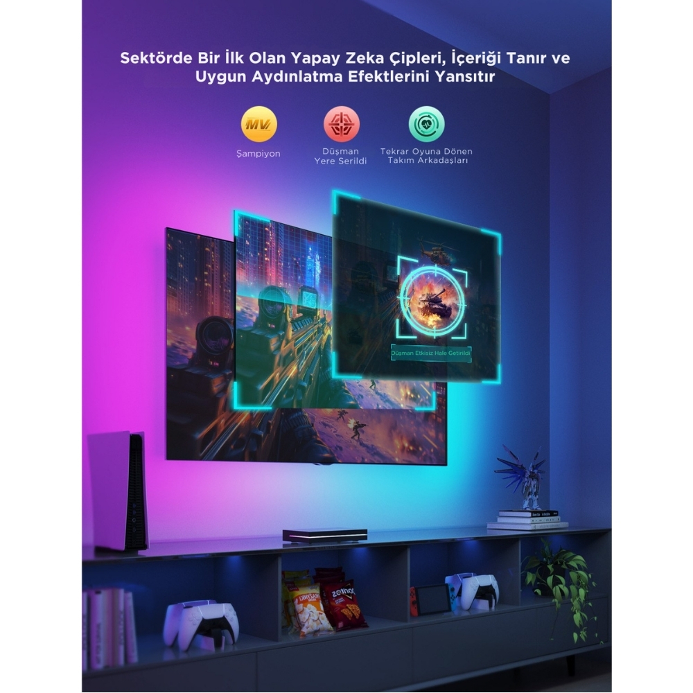 Govee AI 8K Sync Box 2 Sync Box + 2 adet HDMI kablo + LED Şerit 55-65 inç Tüm Tv`ler Uyumludur -H8604C12