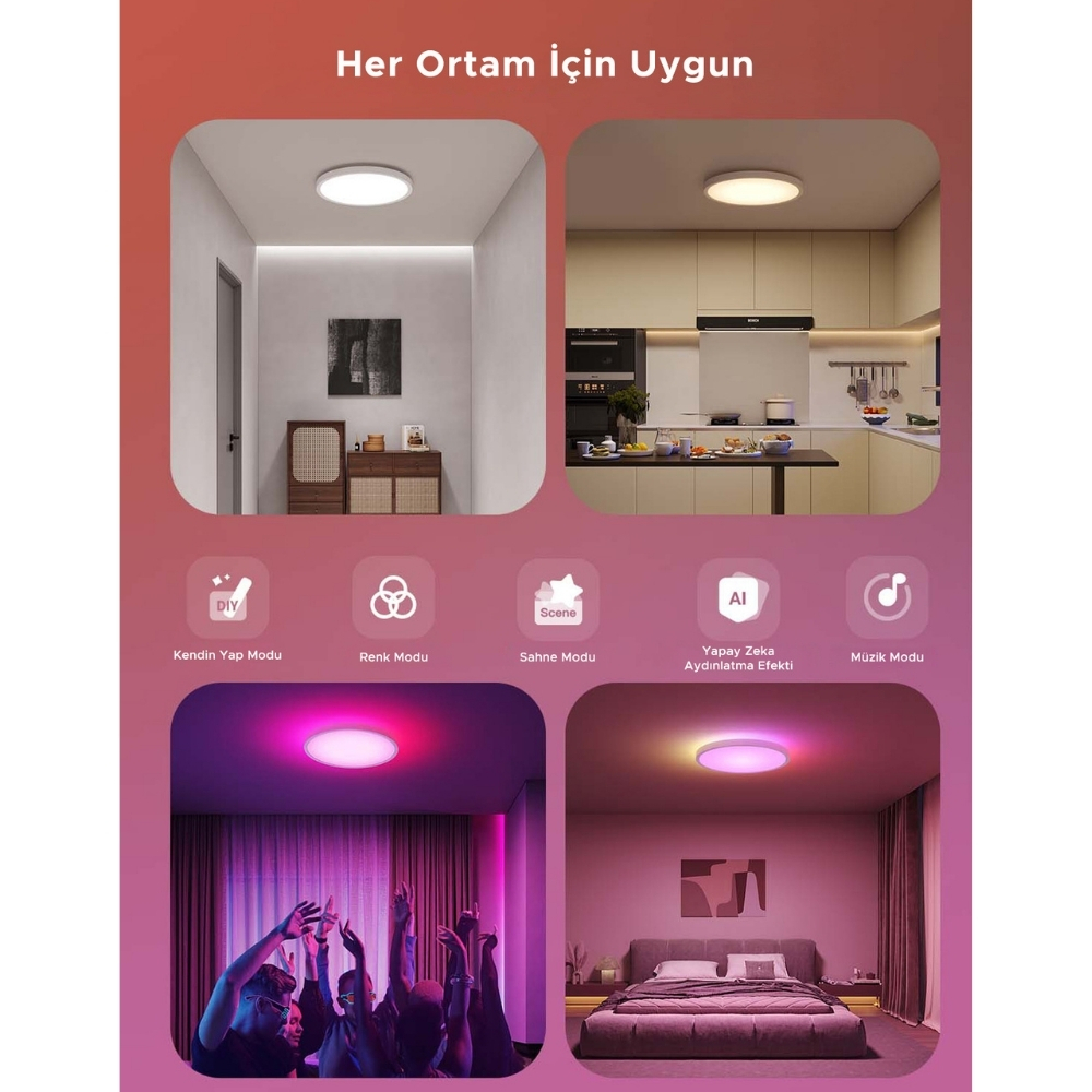 Govee RGBWW + RGBIC Yuvarlak Akıllı Tavan Armatürü 12″