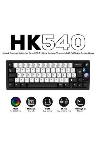  Hawk HK540 Mekanik Prelubed Switch RGB Tri-Mode Kablosuz/Bluetooth %65 Full Türkçe Gaming Klavye
