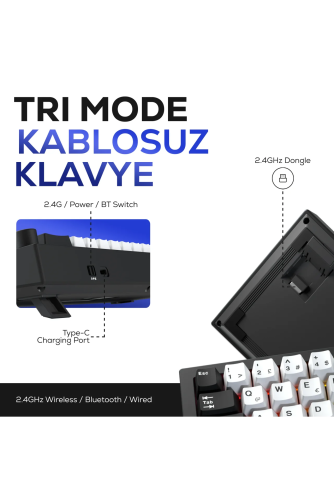  Hawk HK540 Mekanik Prelubed Switch RGB Tri-Mode Kablosuz/Bluetooth %65 Full Türkçe Gaming Klavye