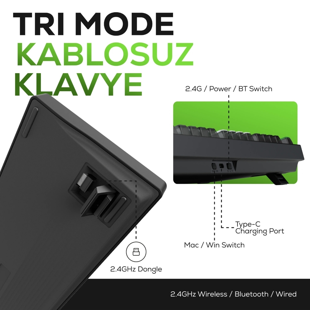 Hawk HK510 Mekanik Prelubed Switch RGB Tri-Mode Kablosuz/Bluetooth Full Türkçe Gaming Klavye