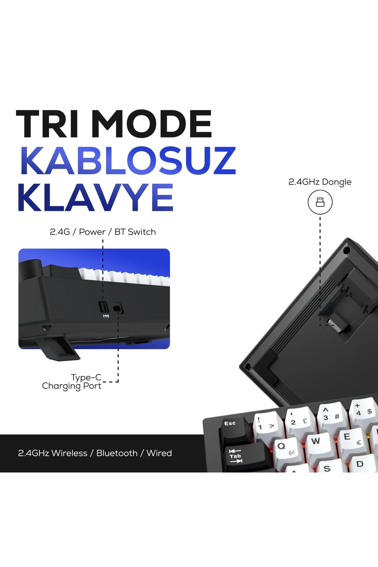  Hawk HK540 Mekanik Prelubed Switch RGB Tri-Mode Kablosuz/Bluetooth %65 Full Türkçe Gaming Klavye