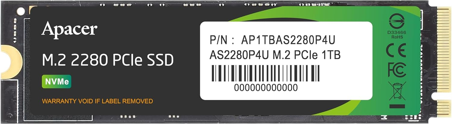Apacer AS2280P4U 1TB 3500-3000 MB/s M.2 PCIe Gen3x4 SSD (AP1TBAS2280P4U-1) 